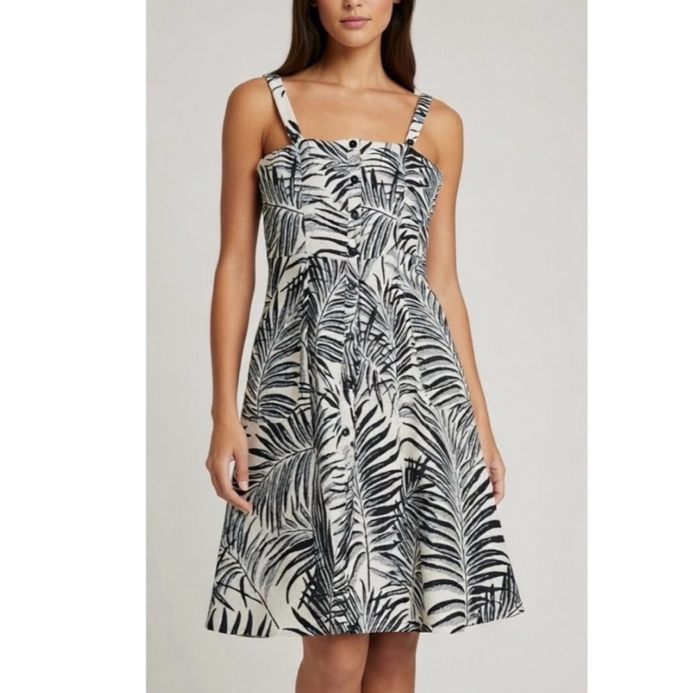 Hutch Aidy Black Ivory Palm Print Midi Dress Button Front Womens Size 6 Thick